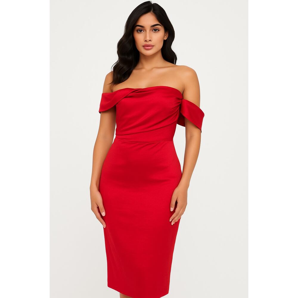 NWT Vesper London Red Off-Shoulder Drape Neck Bodycon Midi Dress Size XS